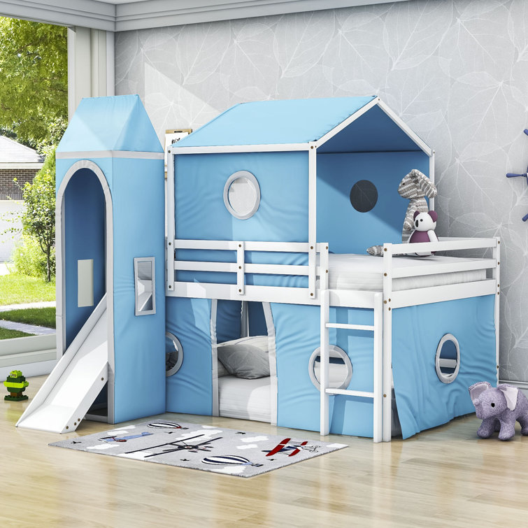 Child bunk bed top with slide and tent